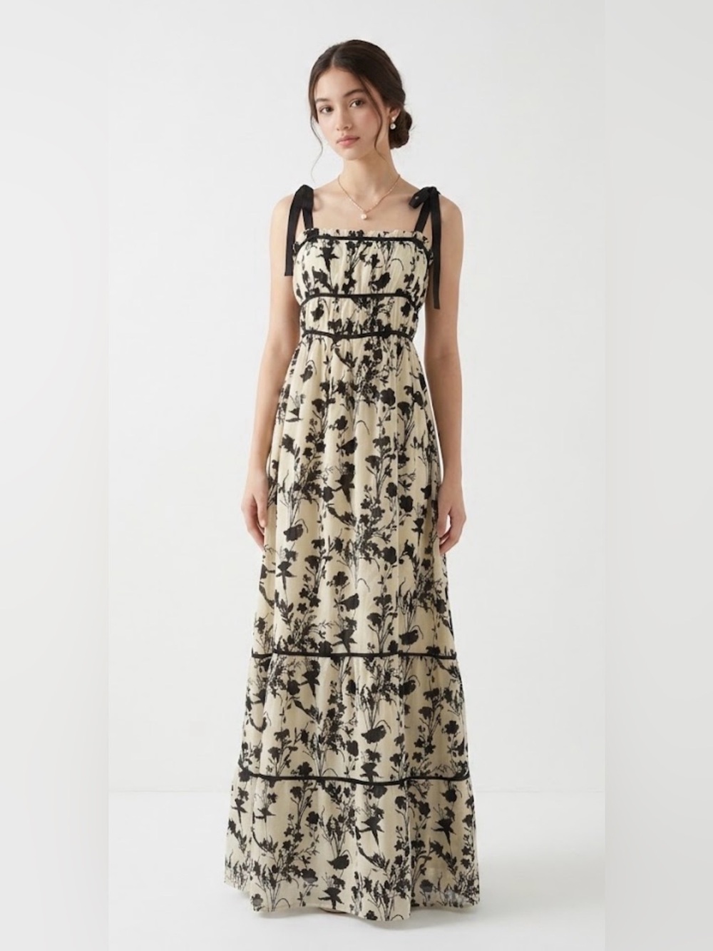 Fashion Nova Black & Cream Floral Maxi Dress with Bow Strap